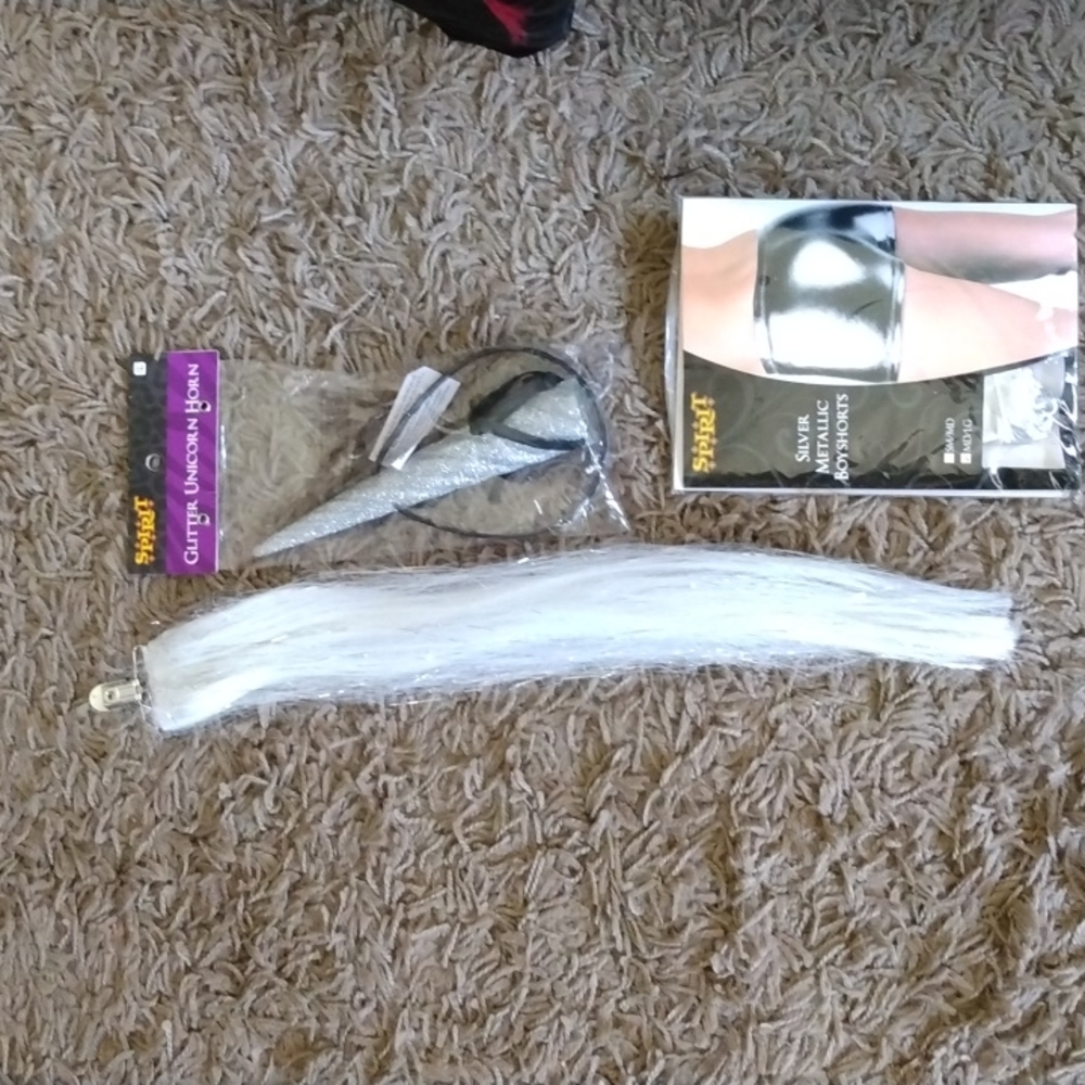 Silver Unicorn 3 piece Costume Lot Horn, tail and shorts.